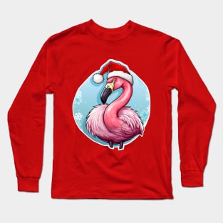 Pink Flamingo Wearing Santa Hat Long Sleeve T-Shirt